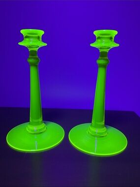 Fostoria uranium vasoline glass 9” candlesticks Vintage UV Glow